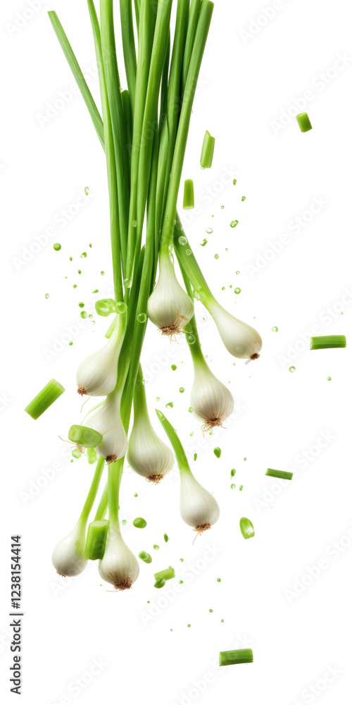 Falling green onion slices on transparent background Falling green onion slices on transparent background