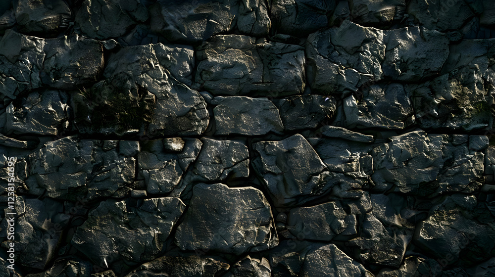 A textured stone wall with various rock shapes and shadows. A textured stone wall with various rock shapes and shadows.