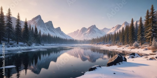 Snowy forest at sunrise with a frozen lake in the background and towering mountains, lake, landscape, snow photo