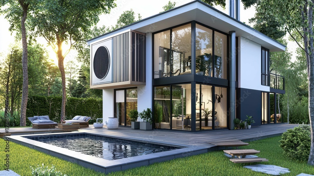Modern House with Swimming Pool Surrounded by Lush Greenery Modern House with Swimming Pool Surrounded by Lush Greenery