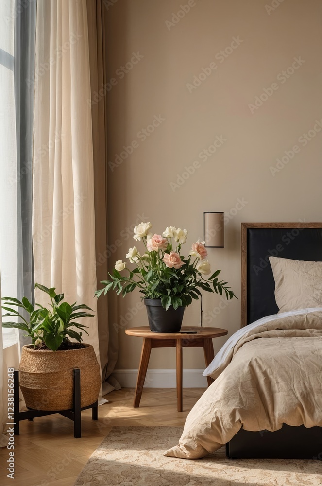 Naklejka premium Cozy bedroom with elegant decor and fresh flowers in warm tones enhancing tranquility and comfort