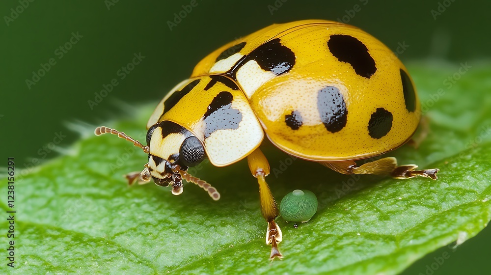 Fototapeta premium Macro Photography of a Vibrant Yellow Ladybug on a Green Leaf