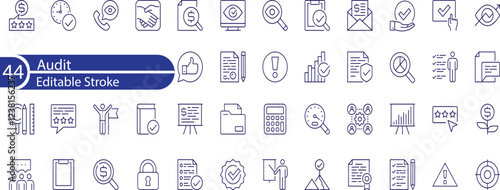 Audit Line Editable Icons set. Vector illustration in thin line modern style of inspection related icons: documentation, auditor, checkmark, and more.