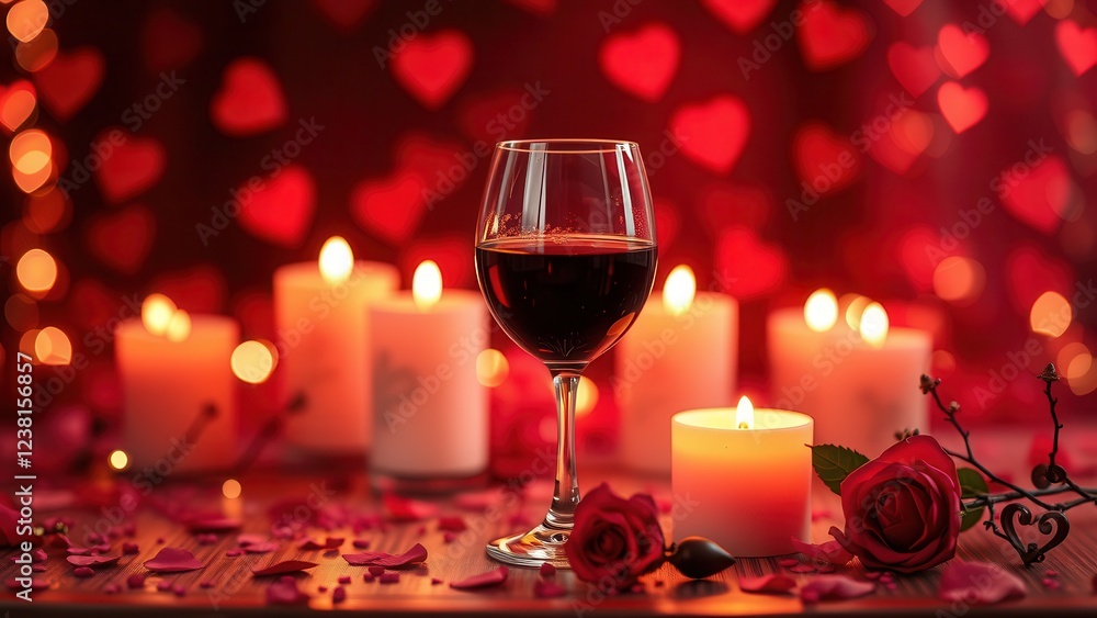 Romantic background with wine, candles and rose petals.