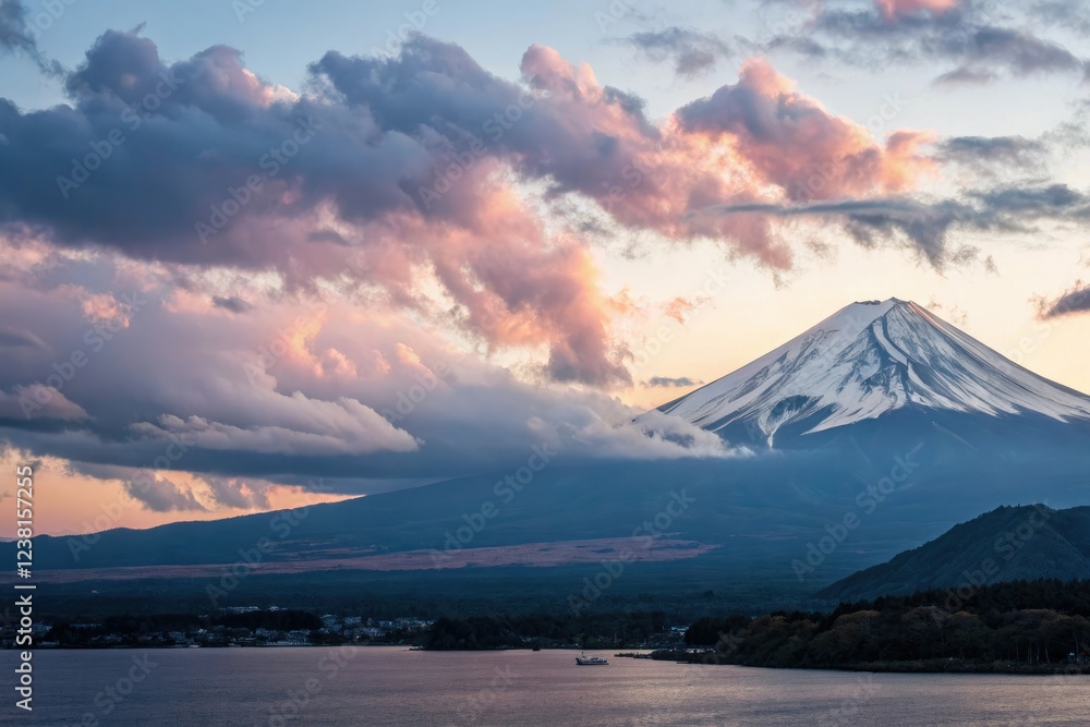 Softly glowing clouds surrounding the majestic form of Mount Fuji at dusk, gentle mist, softly glowing clouds, evening sky Softly glowing clouds surrounding the majestic form of Mount Fuji at dusk, gentle mist, softly glowing clouds, evening sky