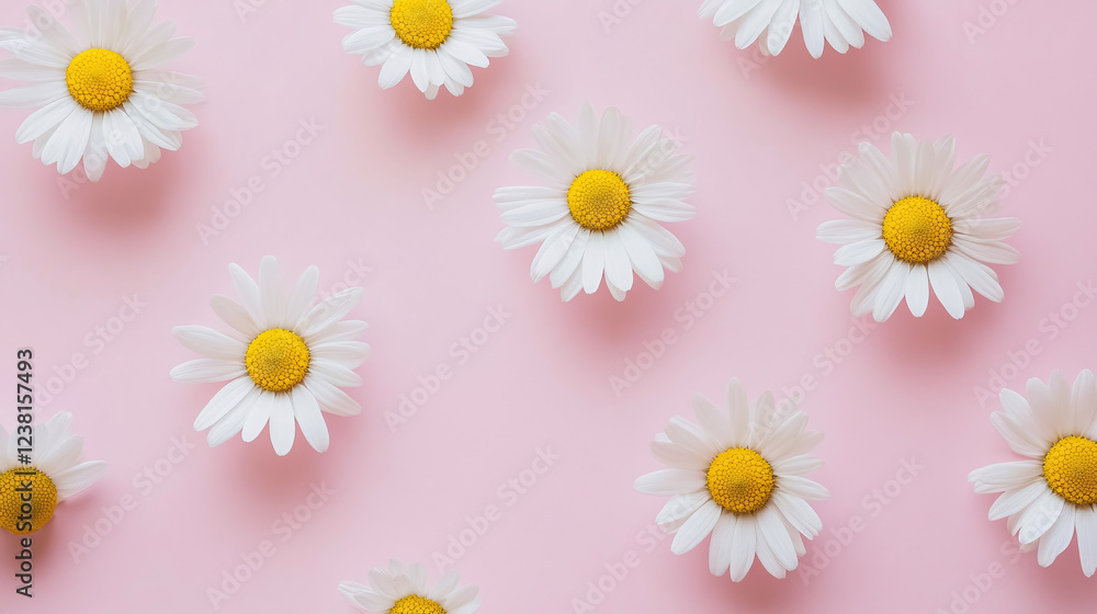 Minimalistic concept featuring white daisies or chamomile flowers on a soft pink background, perfect for creative flat lay compositions. Minimalistic concept featuring white daisies or chamomile flowers on a soft pink background, perfect for creative flat lay compositions.