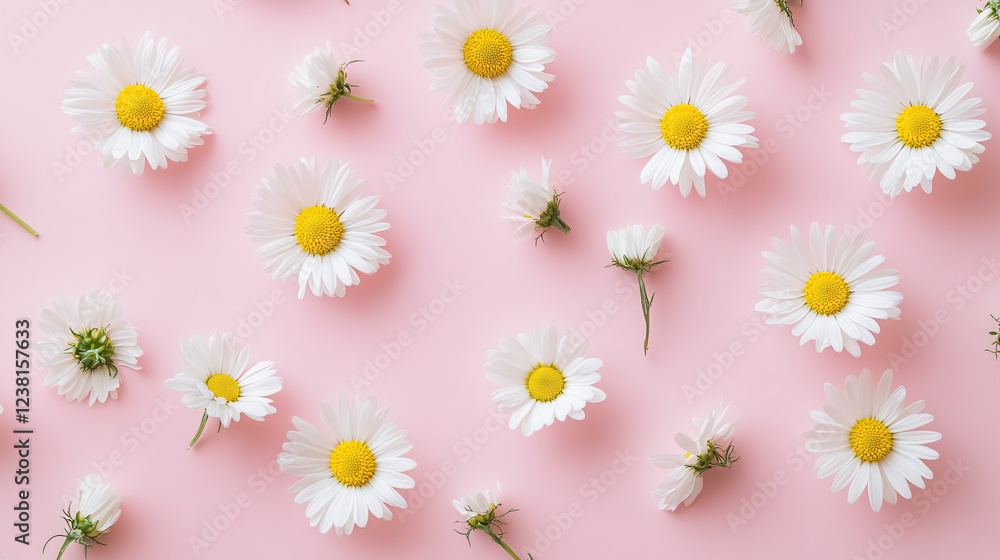 Obraz premium Minimalistic concept featuring white daisies or chamomile flowers on a soft pink background, perfect for creative flat lay compositions.
