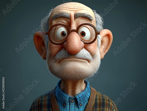 A close-up of an elderly man in cartoon style, featuring glasses and an expressive face, creating a humorous and endearing character design.