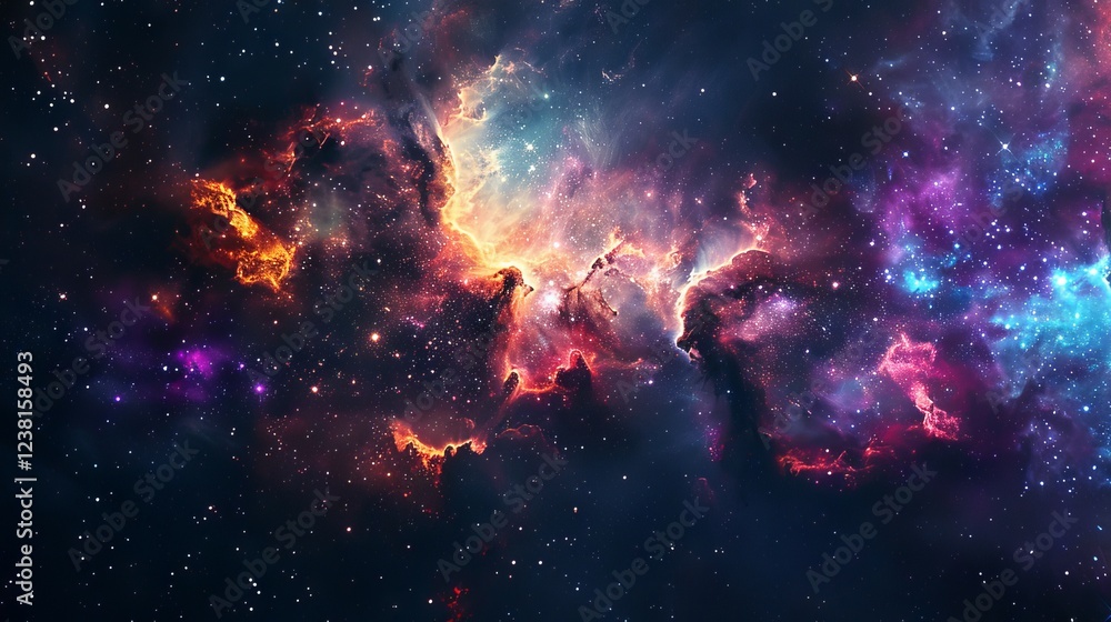 Fototapeta premium Vast cosmic landscape of a glowing supernova explosion within a vibrant nebula, surrounded by shimmering stars and the mysterious depths of the universe