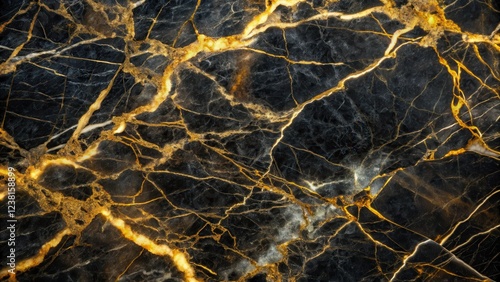 Dark polished black marble surface with prominent yellow and white veins patterns, close-up shot, high-contrast lighting, black marble, decorative stone