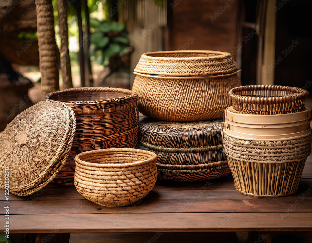 A collection of beautifully handwoven wicker baskets in various sizes, shapes, and natural earth tones are artfully displayed on a wooden table. A collection of beautifully handwoven wicker baskets in various sizes, shapes, and natural earth tones are artfully displayed on a wooden table.