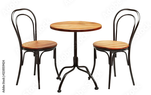 Classic round wooden table with metal legs and chairs, isolated on transparent cutout background
 photo