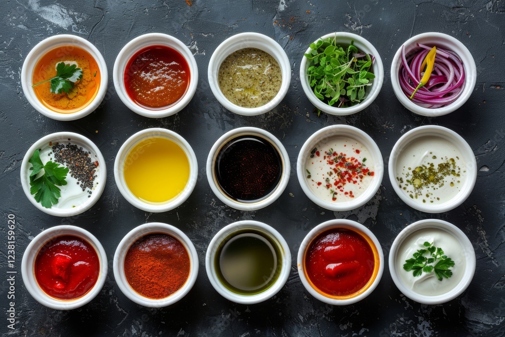 Large collection of sauces and spiced spreads in small jars. Big Set of colored dipping sauces in Crockery. Different types of dressing, mayonnaise, mustard, soy sauce, oil and ketchup on a black. Large collection of sauces and spiced spreads in small jars. Big Set of colored dipping sauces in Crockery. Different types of dressing, mayonnaise, mustard, soy sauce, oil and ketchup on a black.