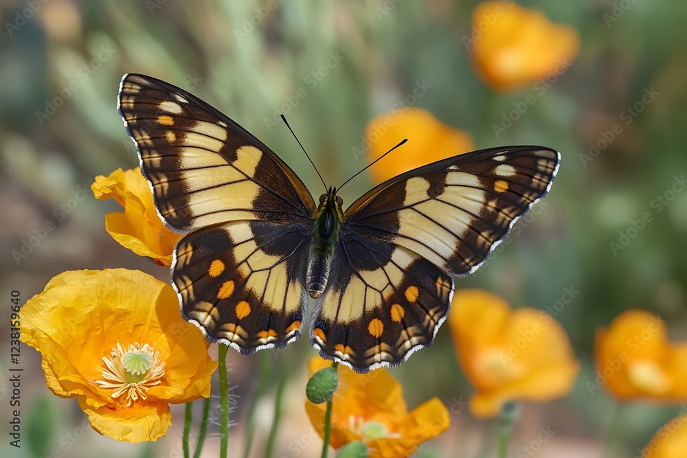 Fototapeta premium A Golden Dawn butterfly, its wings the color of morning light, on early blooming golden poppies.