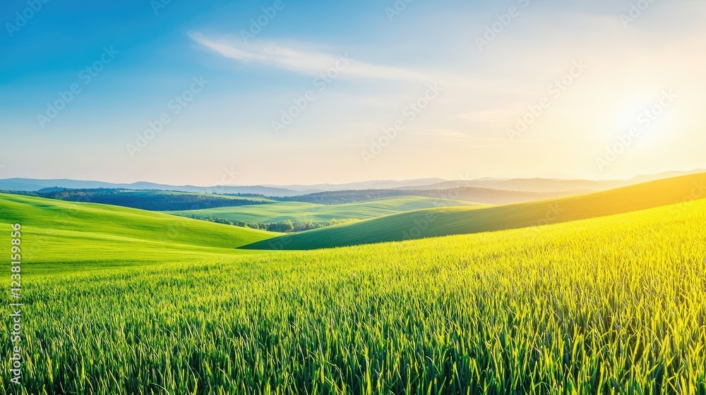 Savannah grassland nature idea. Vast green fields under a bright sky with golden sunlight shining through. Savannah grassland nature idea. Vast green fields under a bright sky with golden sunlight shining through.