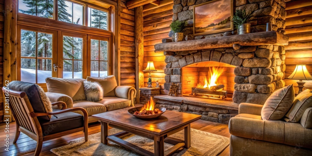 A crackling fireplace in a cozy log cabin on a snowy winter weekend, surrounded by warm lighting and plush furnishings , winter