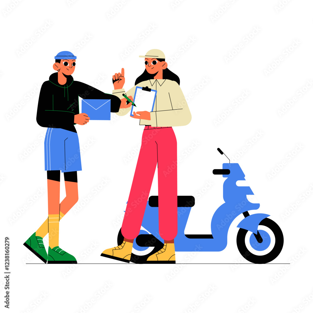 Courier Delivering A Parcel To A Customer In Flat Vector Illustration Symbolizing Postal Service, Online Shopping, And Express Delivery, Isolated On White Background. Courier Delivering A Parcel To A Customer In Flat Vector Illustration Symbolizing Postal Service, Online Shopping, And Express Delivery, Isolated On White Background.
