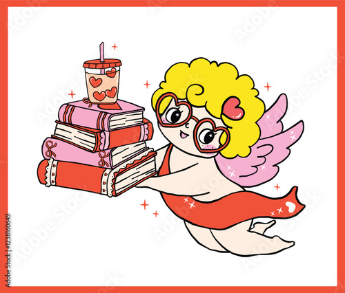 Whimsical Retro Valentine Bookish Cupid with Books and iced coffee Bold Lined Hand Drawn