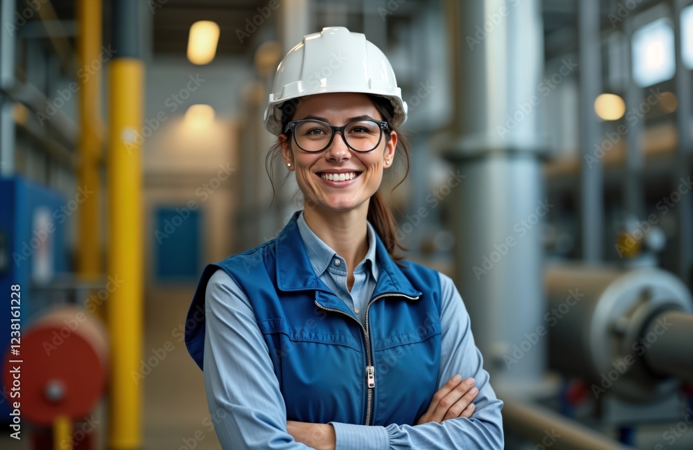 Happy female engineer smiles confidently. Works at oil refinery. Wears safety helmet, blue vest. Inspecting equipment. Proud of job. Industrial setting. Woman pro. Modern technology. Safety first. Happy female engineer smiles confidently. Works at oil refinery. Wears safety helmet, blue vest. Inspecting equipment. Proud of job. Industrial setting. Woman pro. Modern technology. Safety first.