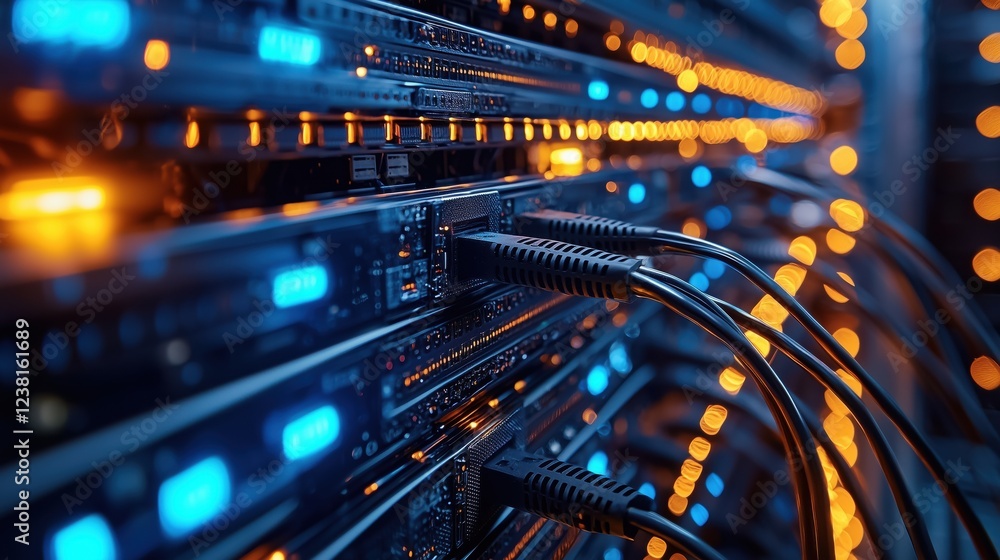Close-Up View of Network Cables Connected to Servers in a Data Center with Illuminated LED Lights Displaying Technology and Connectivity Close-Up View of Network Cables Connected to Servers in a Data Center with Illuminated LED Lights Displaying Technology and Connectivity
