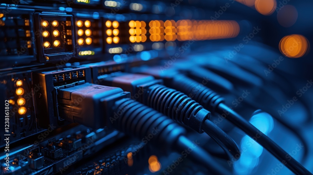 Close-Up Image of Network Server with LED Lights and Ethernet Cables in a Dark Environment Displaying Digital Connectivity and Modern Technology Close-Up Image of Network Server with LED Lights and Ethernet Cables in a Dark Environment Displaying Digital Connectivity and Modern Technology