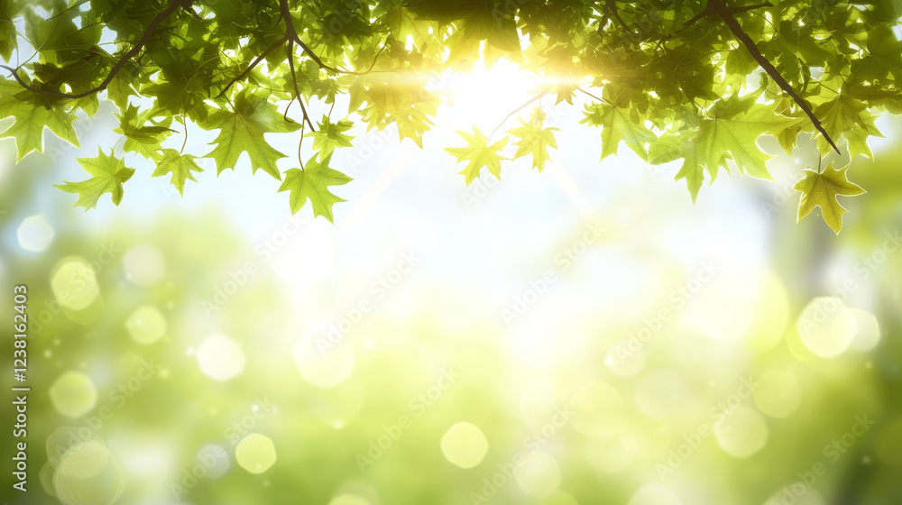Sunlit spring leaves frame a bright, bokeh-filled background. Sunlit spring leaves frame a bright, bokeh-filled background.