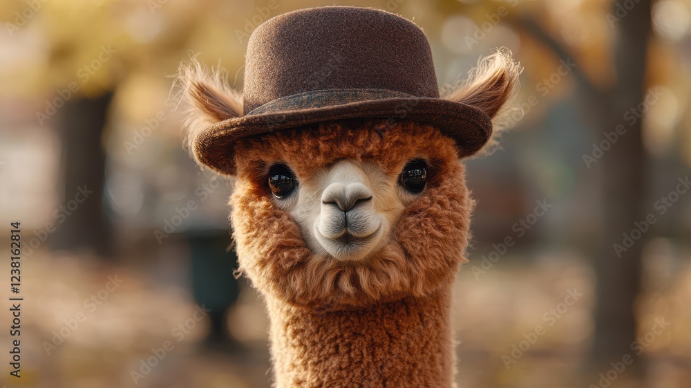 Obraz premium Charming alpaca wearing vintage bowler hat outdoor park animal portrait natural setting close-up whimsical concept