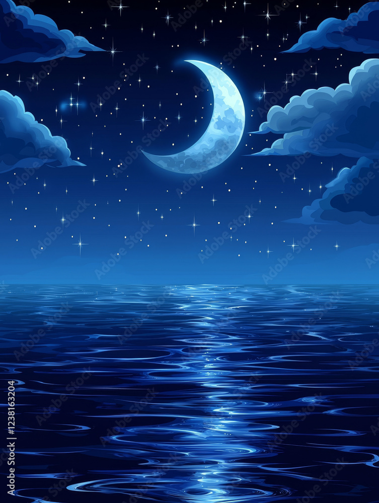 Crescent moon over tranquil ocean, starlit night sky. Crescent moon over tranquil ocean, starlit night sky.