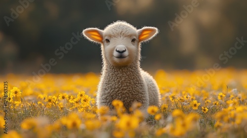 Little sheep among flowers. Little curly lamb in nature.