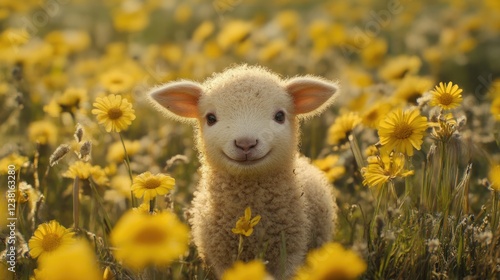Little sheep among flowers. Little curly lamb in nature.