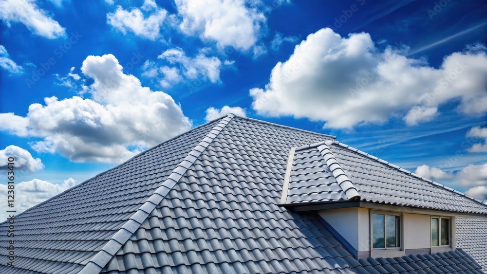 A grey roof with blue shingle roofing tiles set against a clear blue sky with fluffy white clouds, building facade, blue sky A grey roof with blue shingle roofing tiles set against a clear blue sky with fluffy white clouds, building facade, blue sky