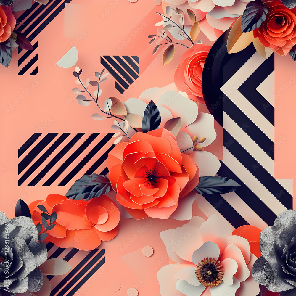 Obraz premium A vibrant floral design featuring roses and geometric patterns.