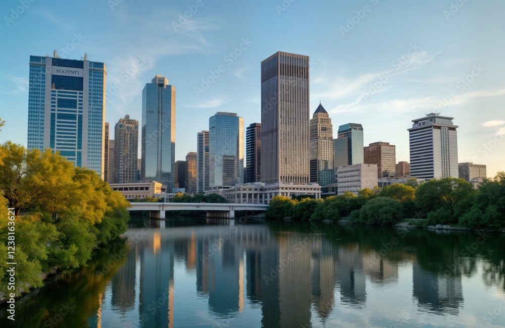 Beautiful Austin skyline reflects on Colorado River. Modern buildings line riverbank. Rich green trees line water edge. Scenic view of urban landscape with calm river. Austin Texas downtown area. Beautiful Austin skyline reflects on Colorado River. Modern buildings line riverbank. Rich green trees line water edge. Scenic view of urban landscape with calm river. Austin Texas downtown area.