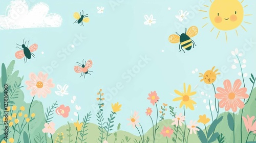 Cheerful Insect Scene with Bright Flowers and Sunny Sky
