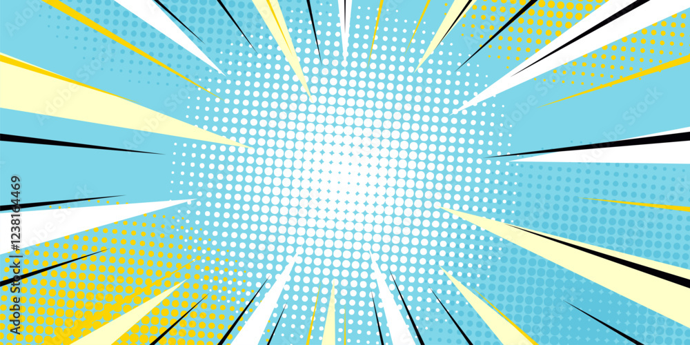 Fototapeta premium Halftone Pop Art Style Star Explosion Pattern Cartoon Background, Vintage Tone Light Effect Vector illustration wow banner with gradient design