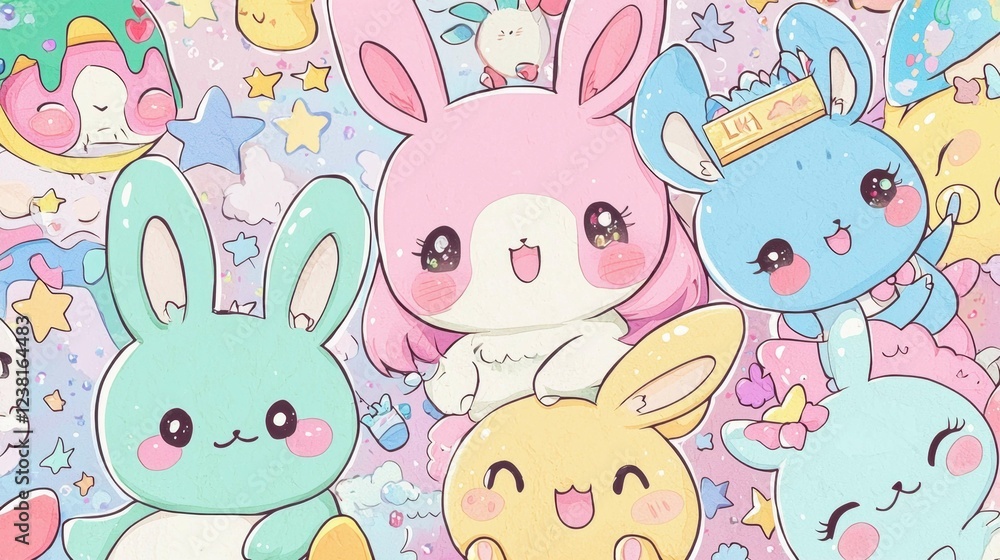 Cute and Colorful Cartoon Bunnies in a Whimsical Background Cute and Colorful Cartoon Bunnies in a Whimsical Background