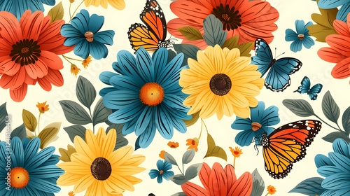 Wallpaper Mural A vibrant floral pattern featuring colorful flowers and butterflies. Torontodigital.ca