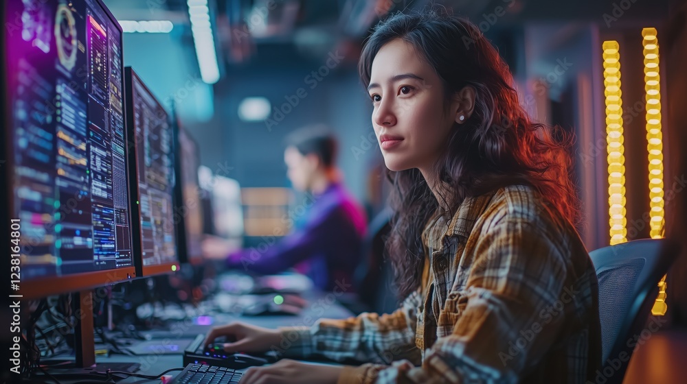 Young Woman Working Concentratively at Computer in Modern Office Environment with Multiple Screens and Bright LED Lights Displaying Data and Graphs Young Woman Working Concentratively at Computer in Modern Office Environment with Multiple Screens and Bright LED Lights Displaying Data and Graphs