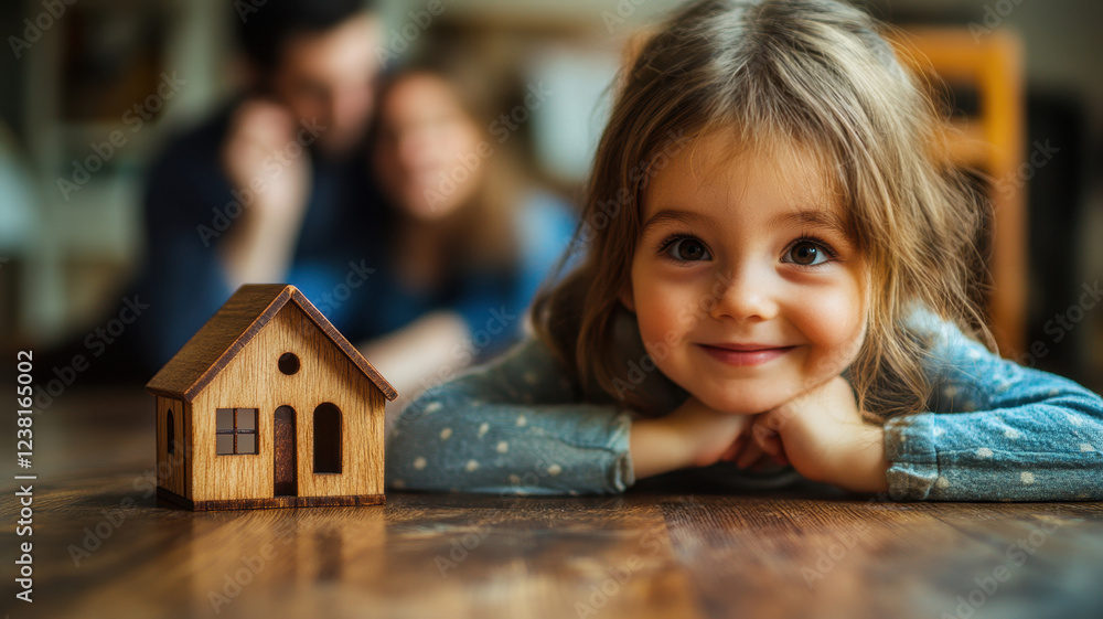 Joyful child playing with little wooden house toy indoor home setting family bonding warm atmosphere Joyful child playing with little wooden house toy indoor home setting family bonding warm atmosphere