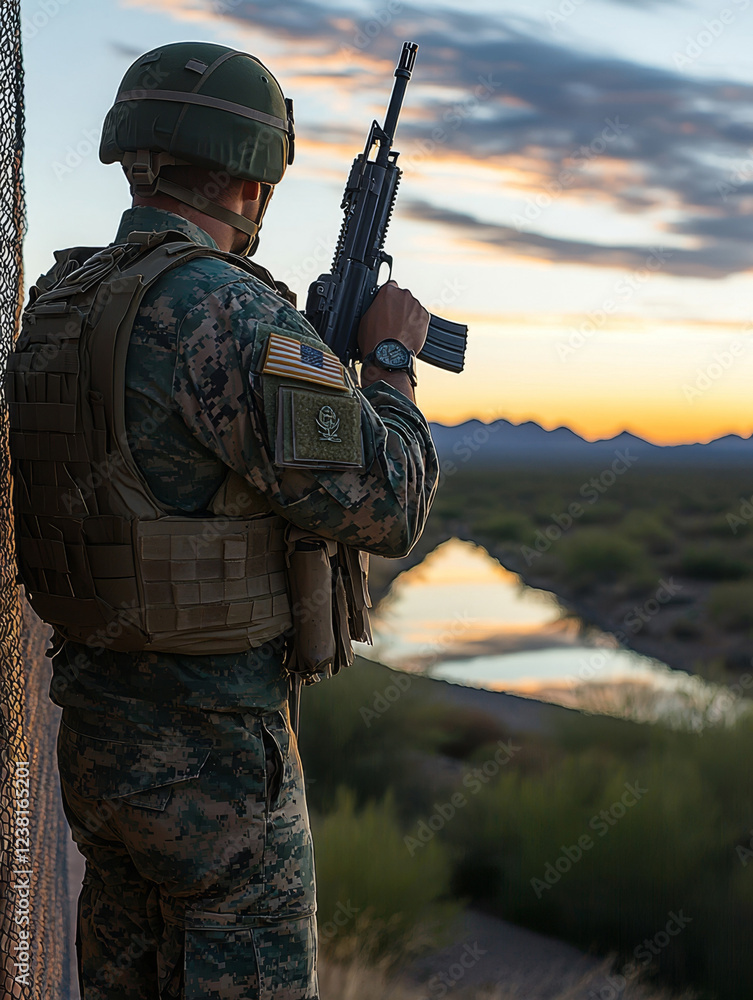 Fototapeta premium Sunset Sentinel: Border Patrol Officer on Duty.