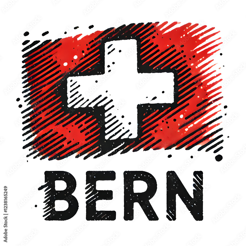 Bern Logo with Hand-Drawn Swiss Flag – Sketch-Style Artistic Design Bern Logo with Hand-Drawn Swiss Flag – Sketch-Style Artistic Design