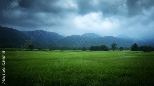 Rainy season landscape, lush green rice field under heavy rain, nature background for wallpaper, website, or poster design