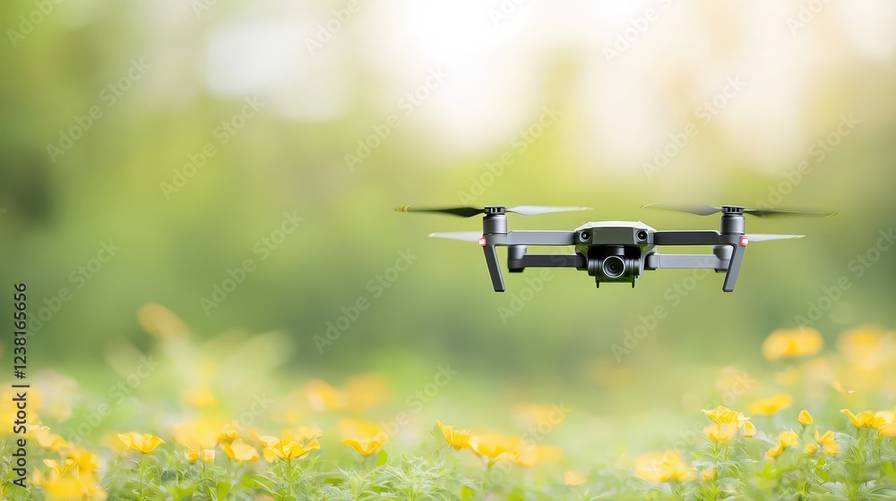 A drone is flying over a field of yellow flowers A drone is flying over a field of yellow flowers