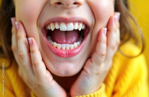 Girl with open mouth shows malocclusion. Child exhibits overbite problem. Upper jaw rests on gum. Close-up photo of dental issue in child. Pediatric dentist may use image for bite correction clinic photo