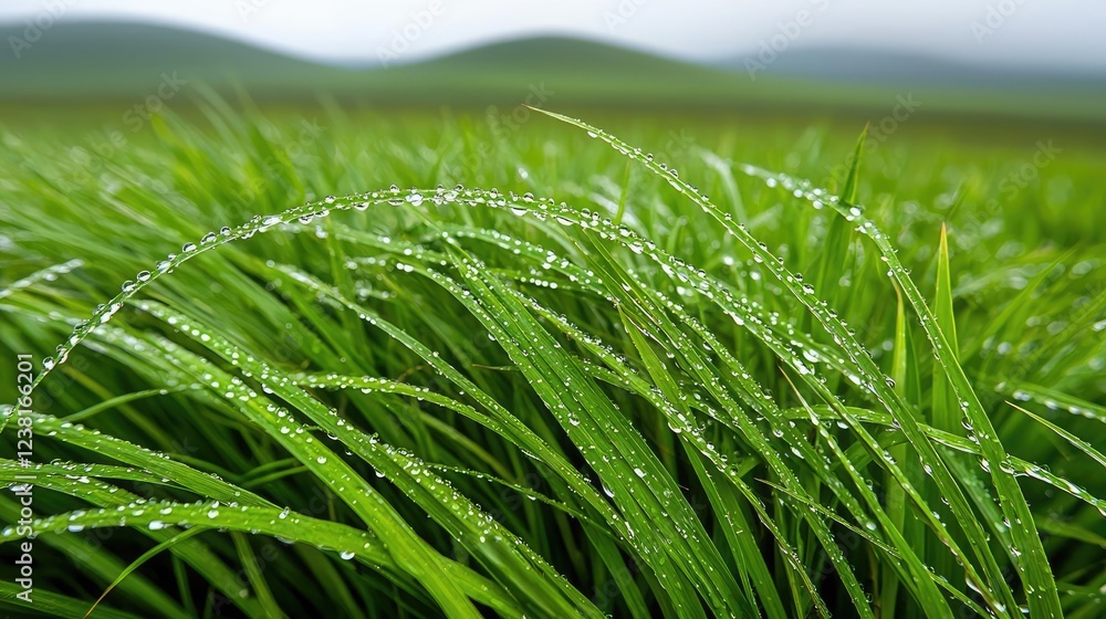 Fototapeta premium Savannah grassland nature idea. Close-up of dew-kissed grass blades on a serene morning, showcasing nature's beauty.