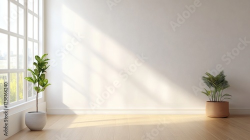 Obraz na płótnie Minimalist Bright Room Interior with Plants and Sunlight w salonie