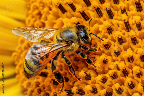 A close-up of a bee pollinating a sunflower, showcasing nature's beauty and ecosystem.