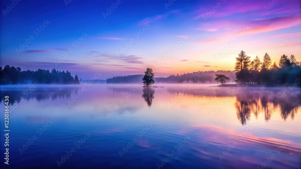 Obraz premium Softly glowing purple-blue mist rises from the surface of a serene water body at dawn, sunrise, peaceful, sunrise, peaceful,mist