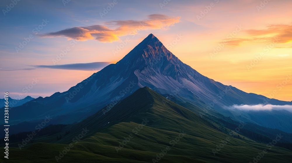 Mountain peak nature idea. A majestic mountain peak stands tall against a colorful sunset sky. Mountain peak nature idea. A majestic mountain peak stands tall against a colorful sunset sky.