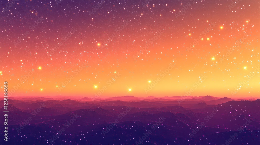 Naklejka premium Glimmering stars over a deep orange and violet haunted horizon